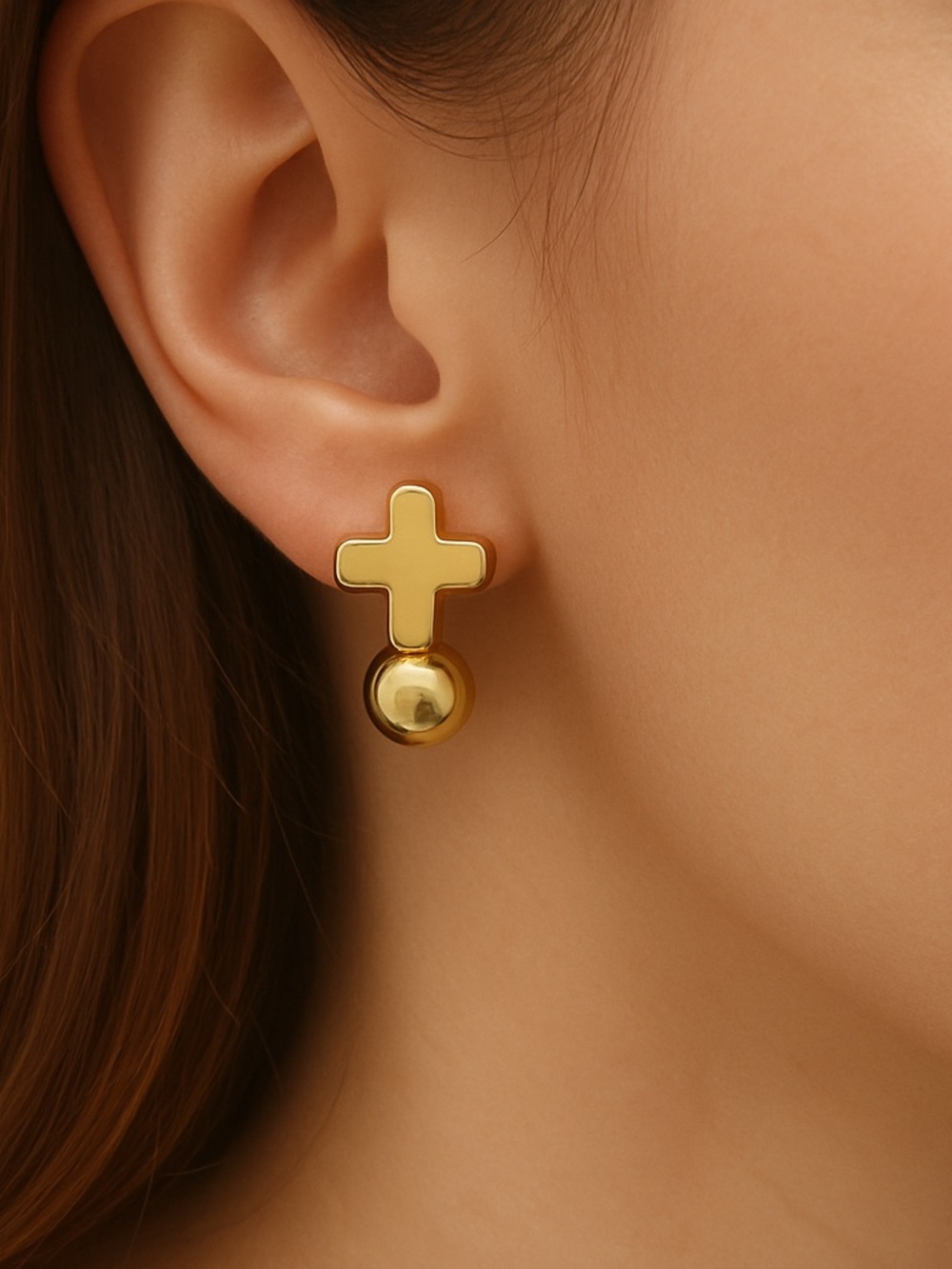 Elegant gold cross stud earrings with gold ball drops - Picture 3 of 3